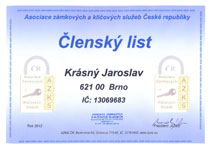 Členský list Asociace zámkových a klíčových služeb České republiky